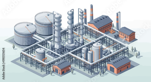 Isometric View of a Large Industrial Oil Refinery Complex.