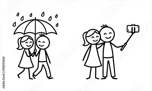 Couple under umbrella and couple taking a selfie with a stick