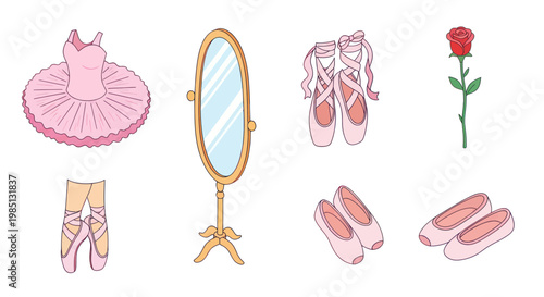 Ballet Dancer's Essentials: Tutu, Pointe Shoes, Mirror, and Rose Illustration