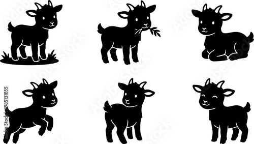 Black silhouette set of six cute baby goats in various poses vector art
