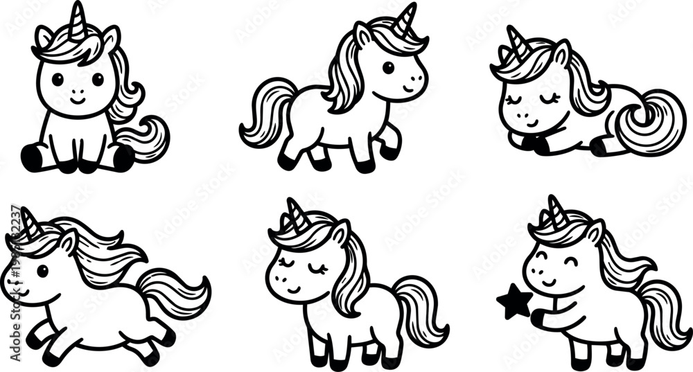 Fototapeta premium Black and white line art cute cartoon unicorns in different poses