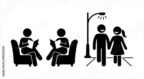 Stick Figures Illustrating Personal Relaxation through Reading and Social Interaction Outdoors