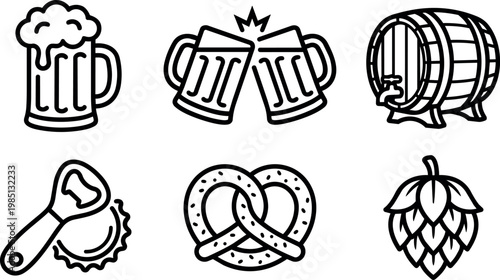 Black and white line art beer mug pretzel hop bottle opener barrel icons
