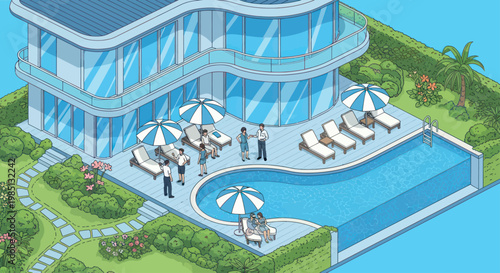 Luxurious Modern Villa with Swimming Pool and People Relaxing.