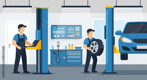 Mechanics Working on a Car in a Repair Shop.