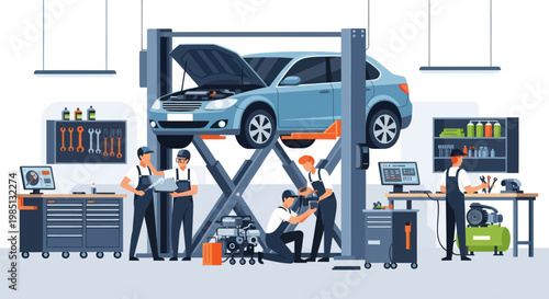 Mechanics working on a car in a modern auto repair shop.
