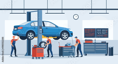 Mechanics working on a car lifted on a hydraulic platform in a workshop.