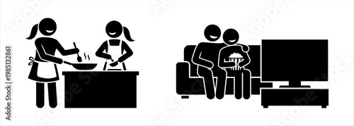 Everyday domestic scenes Family life balance of home cooking and leisure time