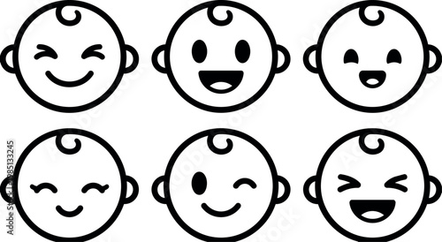 Black and white baby faces with various happy and winking expressions vector art
