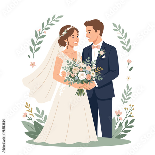 Happy bride and groom standing together with flowers and leaves around them