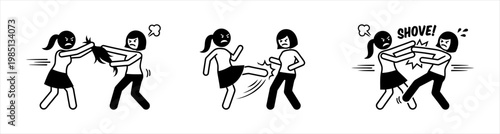 Women fighting, arguing, and confronting each other in a cartoon style