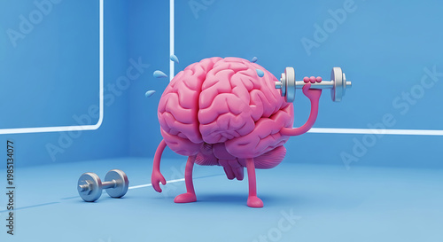 A pink brain character lifting a dumbbell in a blue room with white lines, symbolizing mental fitness and exercise