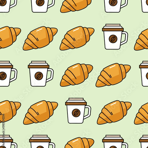 Seamless pattern of delicious croissants and coffee cups.