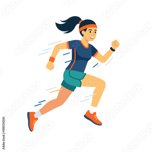 Woman running in athletic wear with ponytail and orange shoes