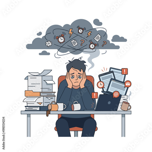 Overwhelmed businessman sitting at desk with paperwork and deadlines