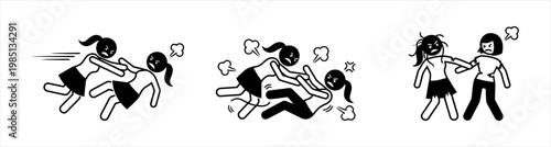 Sequential illustration of two women engaged in a heated physical altercation and conflict