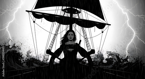 A dramatic black and white illustration of a woman standing on a ship in a stormy sea with lightning in the background