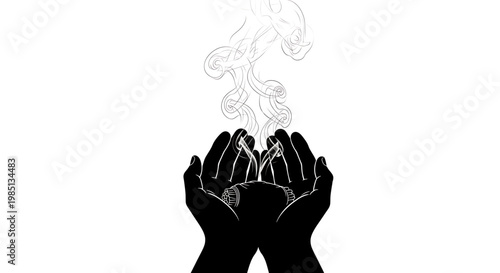 A minimalist vector graphic illustration of cupped hands releasing smoke
