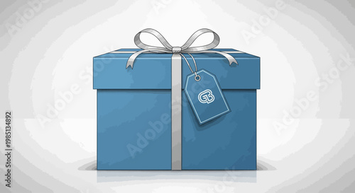 Blue Gift Box with Ribbon and Tag.