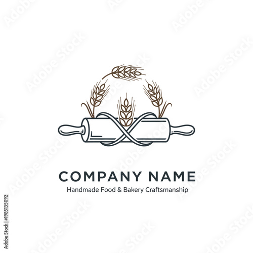 Artistic Baking Logo with Rolling Pin and Wheat Stalks.