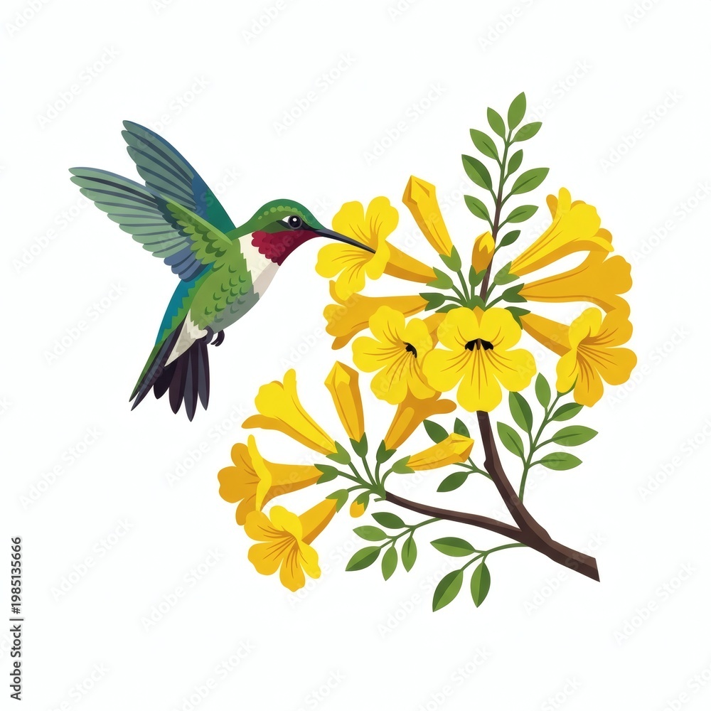 Fototapeta premium A colorful hummingbird flying towards bright yellow flowers on a branch