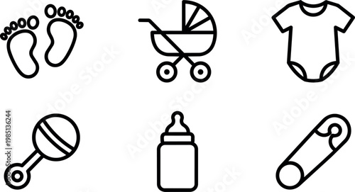 Black and white line art baby icons including footprints stroller bodysuit rattle bottle and pin