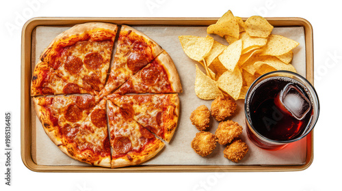 A delicious pepperoni pizza with chips and soda on transparent background