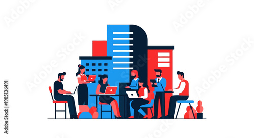 People working in office building.