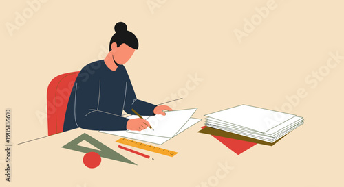 Woman sitting at desk writing.