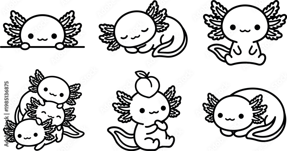 Fototapeta premium Black and white line art cute axolotl characters in various poses with apple hat