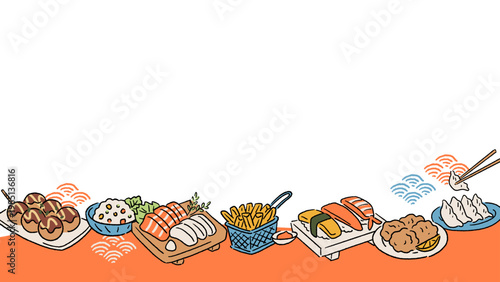 居酒屋、日本食、飲み屋、定食屋、和食、おつまみなどのシンプルな手書き背景ベクターフレーム素材 16:9 Simple hand-drawn vector frame graphics for Japanese restaurants, travel to Japan, izakayas, and more.