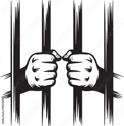 Two fists clenched tightly through a set of prison-style bars