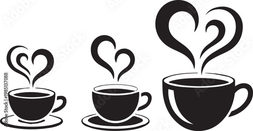 Three stylized coffee cups with heart-shaped steam designs in ascending size order