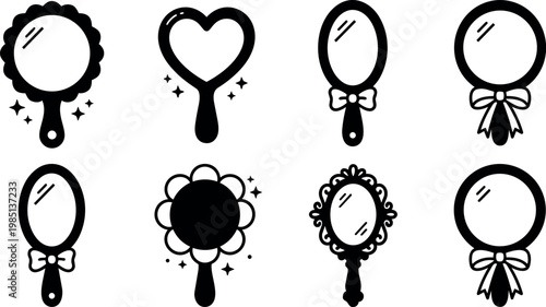Black and white line art hand mirrors with bows hearts and floral frames