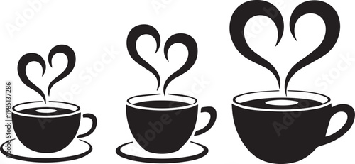 Three coffee cups with steam forming heart shapes symbolizing love and warmth