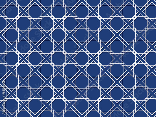 Geometric pattern design with intricate interlocking octagons and squares creating a sophisticated tessellation on a deep blue background, seamless repeating texture for graphic backgrounds and decor