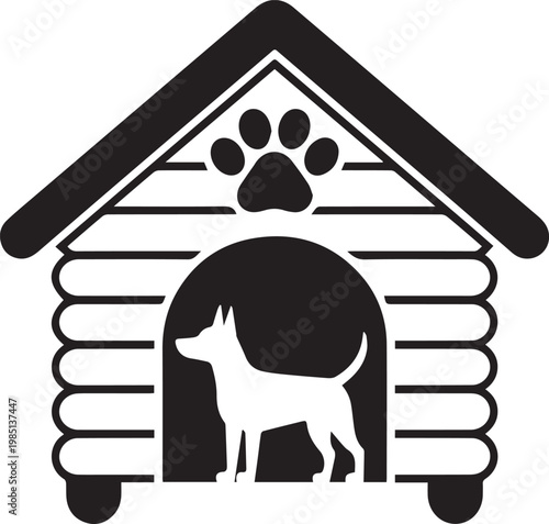 A cozy doghouse with a paw print on the roof and a dog inside resting