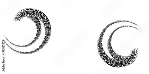 Tire track. Tyre mark of car, bike, motorcycle with grunge effect on white background. Wheel footprint, road element, dirty rubber protector pattern.