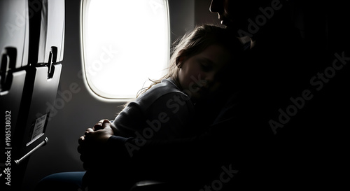 A young girl sits alone in an airplane seat looking out the window with a mix of sadness and contemplation