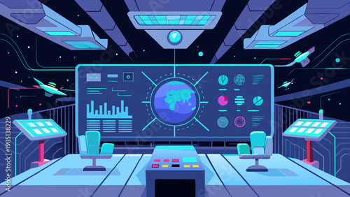AI control room with holographic maps of the sky, featuring futuristic screens, chairs, and spacecraft in a dark, starry environment