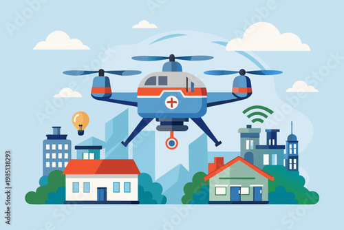 Autonomous drone delivering medical supplies over a cityscape with residential homes, commercial buildings, and clouds in a bright blue sky