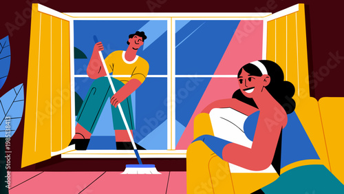Couple cleaning their home together, man using mop while woman relaxes on sofa, cleaning of the house, bright interior with large window and colorful decor visible