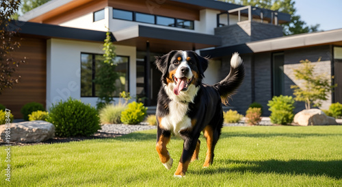Bernese dog at the front house garden 