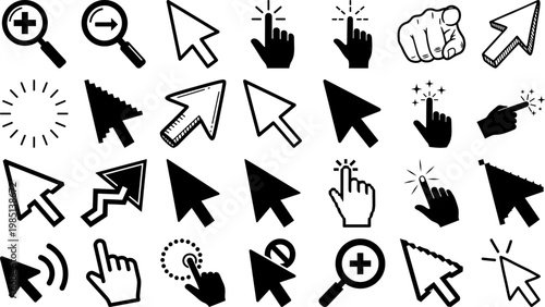 Collection of black and white computer mouse cursor icons and hand pointers