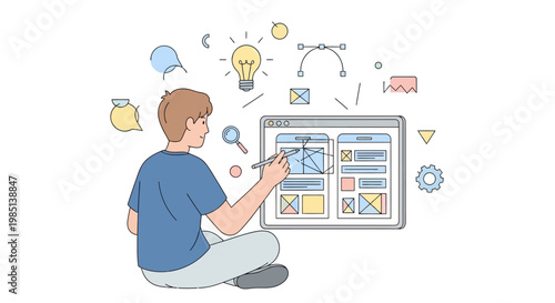 Man sitting with computer screen ideas.