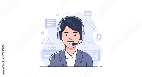 Cartoon man wearing headset and smiling.