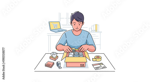 Man sitting at desk wrapping gift.
