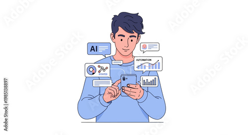 Man holding smartphone with data icons.