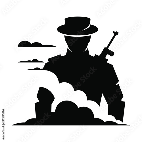 Dramatic silhouette illustration of a soldier with rifle and smoke from battlefield