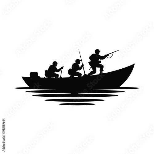 Military soldiers in a patrol boat silhouette for tactical riverine warfare operations